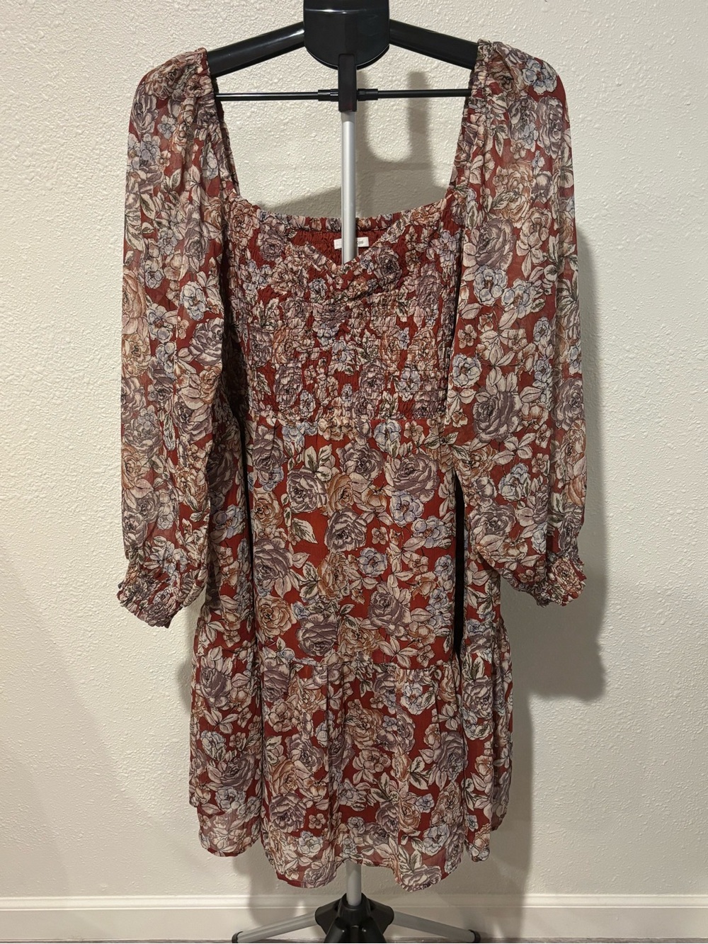 Maurices Rust Floral Sweetheart-Neck Long Sleeve Mini Dress